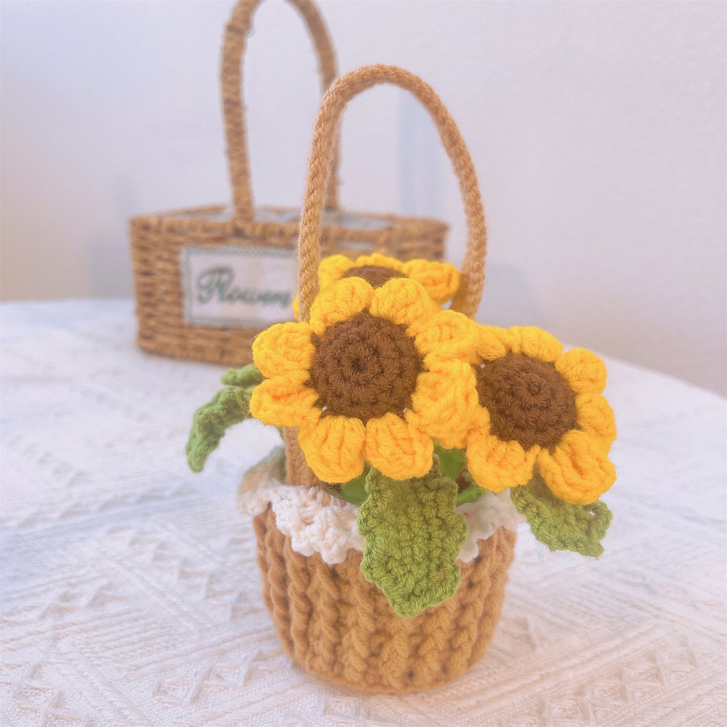 波希米亞風鉤針編織向日葵花籃 - 手工製作家居裝飾