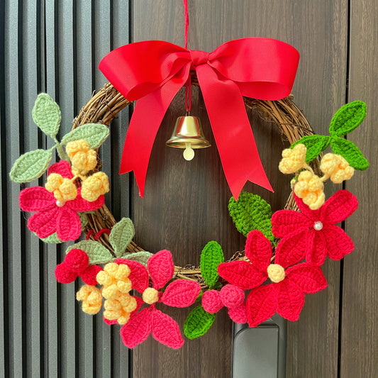 節慶風鉤針編織聖誕紅(Poinsettia)花環飾繩——聖誕裝飾之門飾、聖誕餐桌中心裝飾