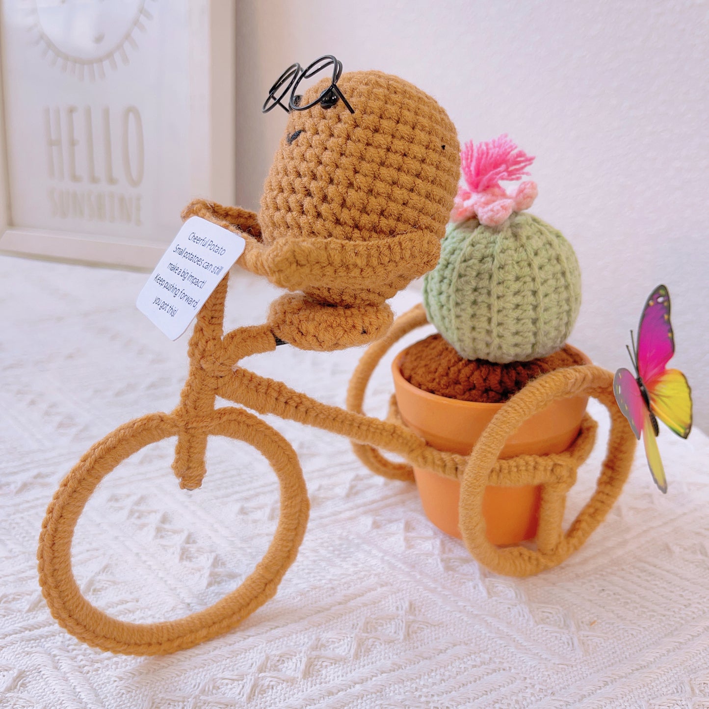 手鉤針織療癒馬鈴薯盆栽|多肉仙人掌腳踏車造型 - 獨特居家擺飾・生日禮物・辦公桌療癒小物