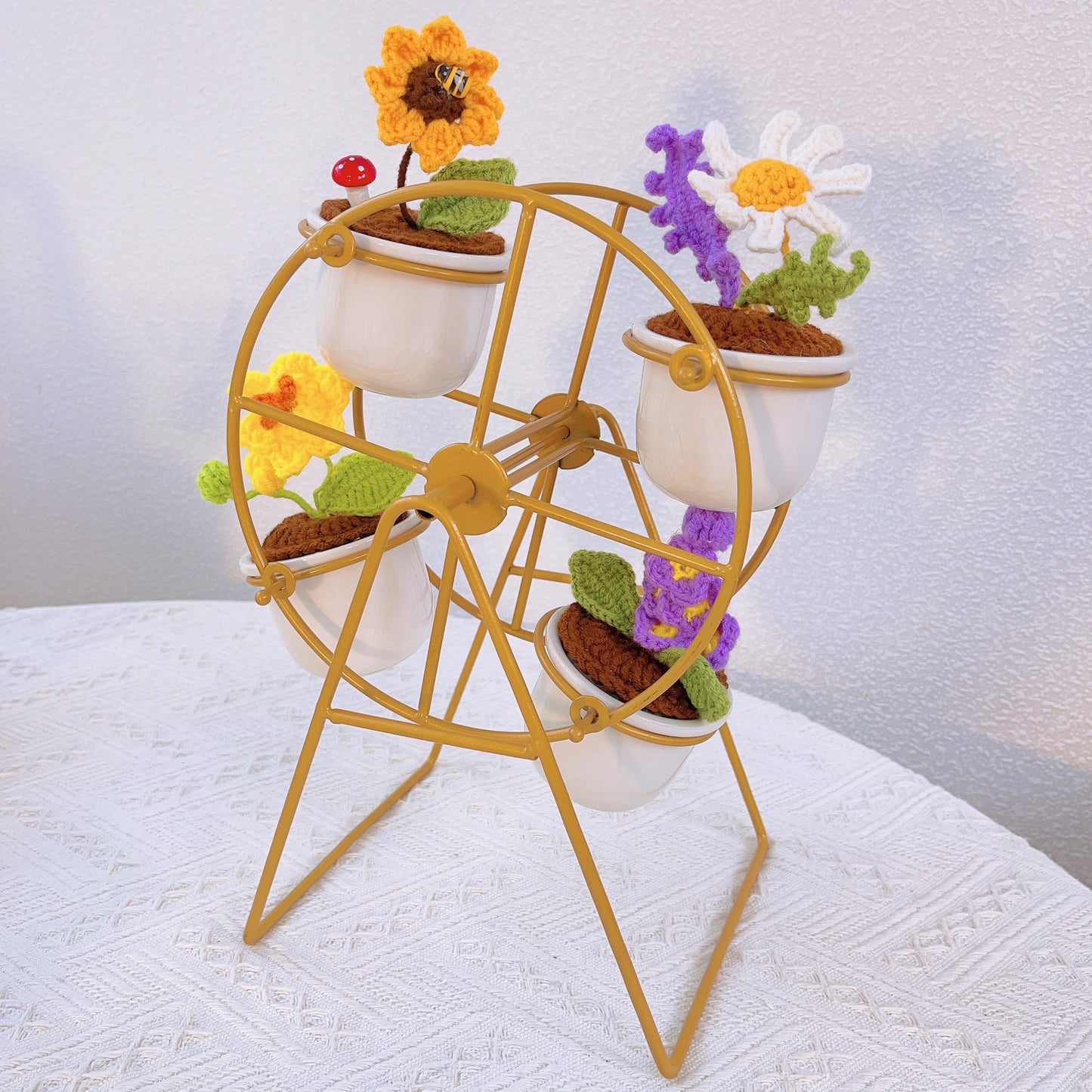 Hand-Crafted Crochet Flower Pot Set with Ferris Wheel, Ceramic Pot, Sunflower, Lavender, Radish, Roman Chamomile, Home Decoration, Deskspace Decor