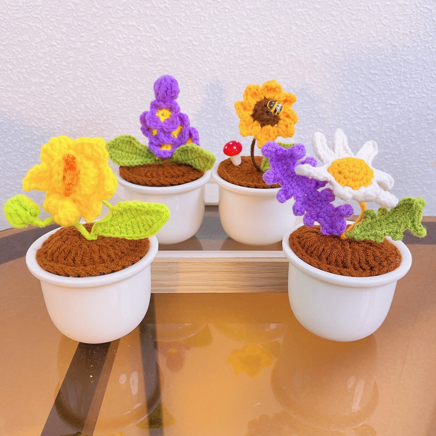 Hand-Crafted Crochet Flower Pot Set with Ferris Wheel, Ceramic Pot, Sunflower, Lavender, Radish, Roman Chamomile, Home Decoration, Deskspace Decor