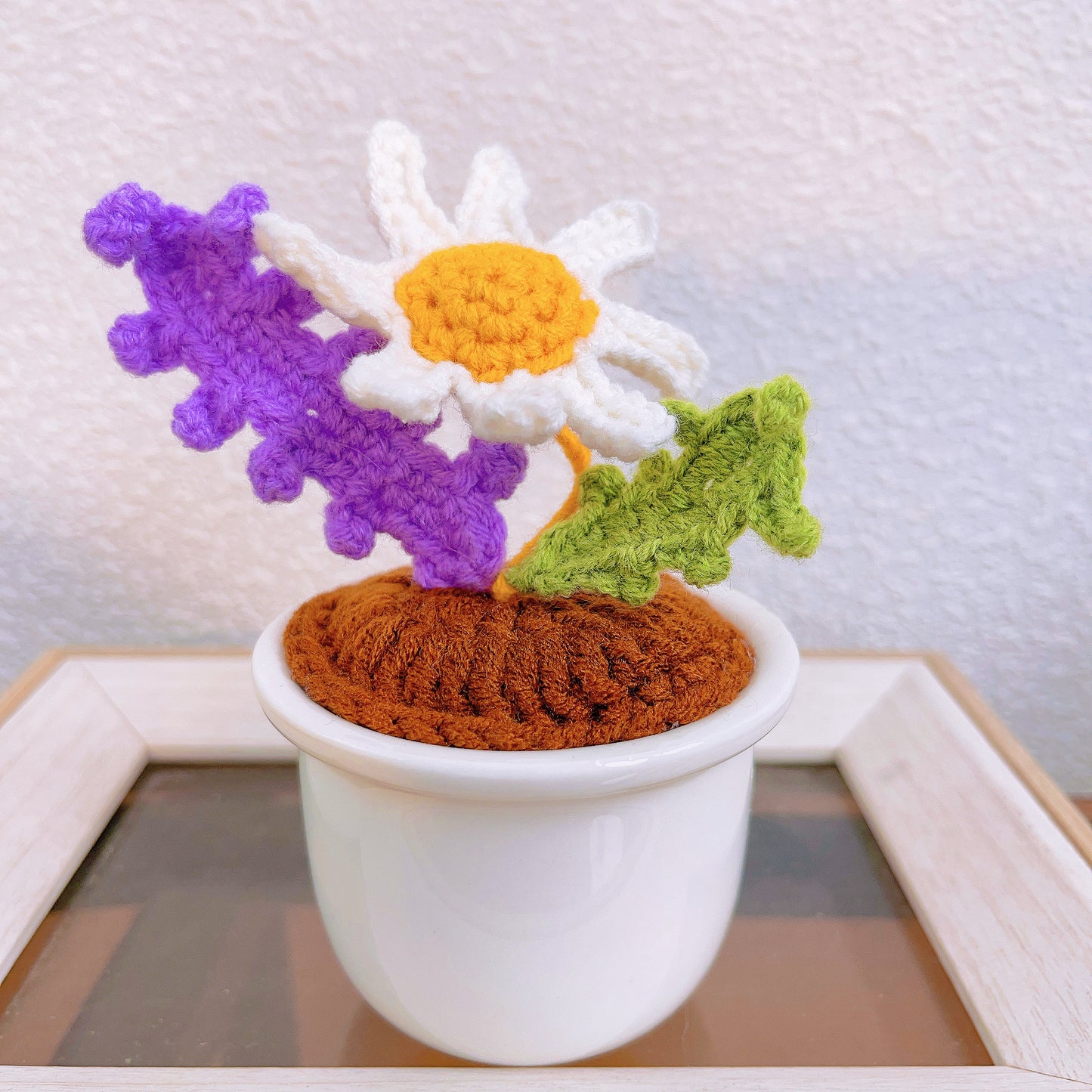 Hand-Crafted Crochet Flower Pot Set with Ferris Wheel, Ceramic Pot, Sunflower, Lavender, Radish, Roman Chamomile, Home Decoration, Deskspace Decor