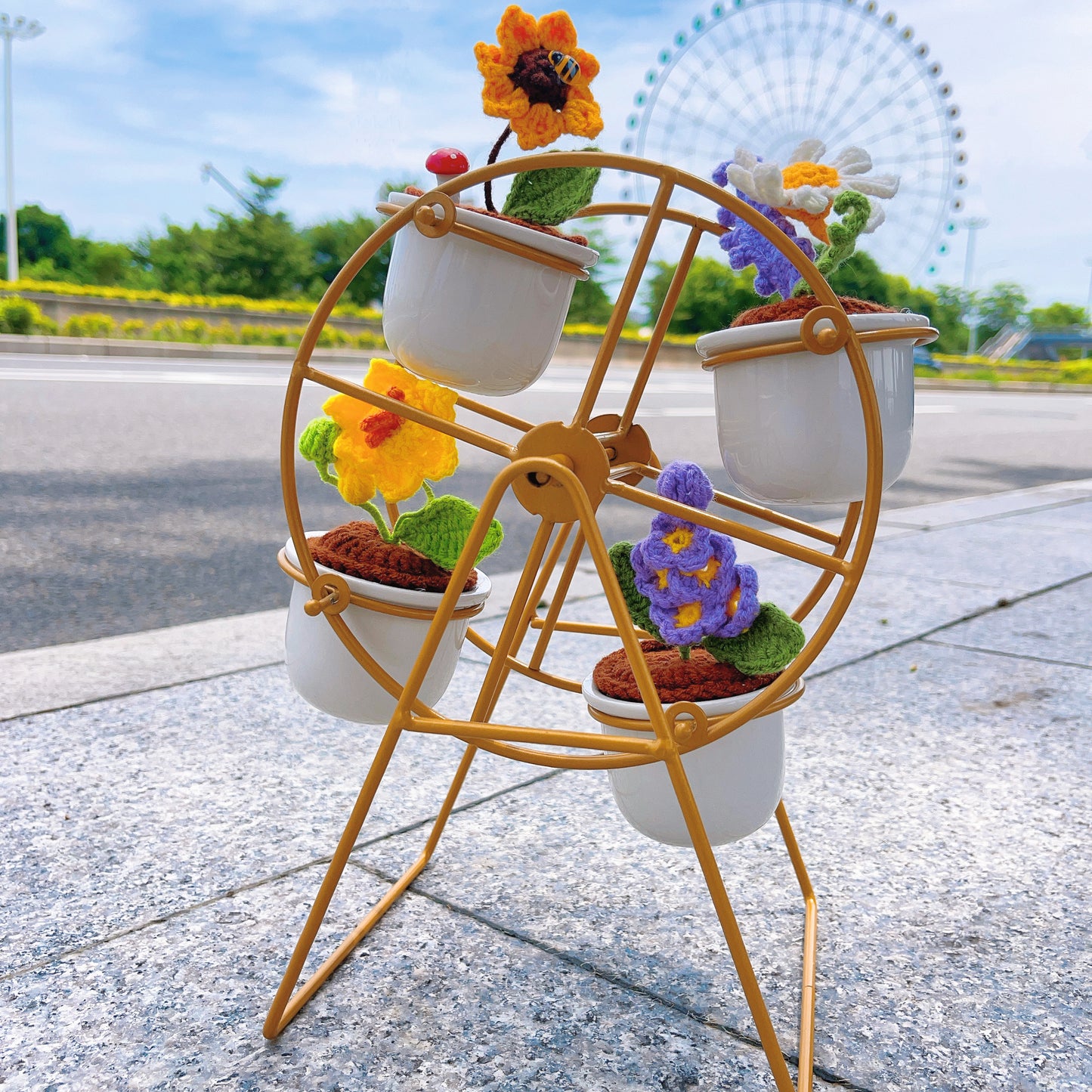 Hand-Crafted Crochet Flower Pot Set with Ferris Wheel, Ceramic Pot, Sunflower, Lavender, Radish, Roman Chamomile, Home Decoration, Deskspace Decor