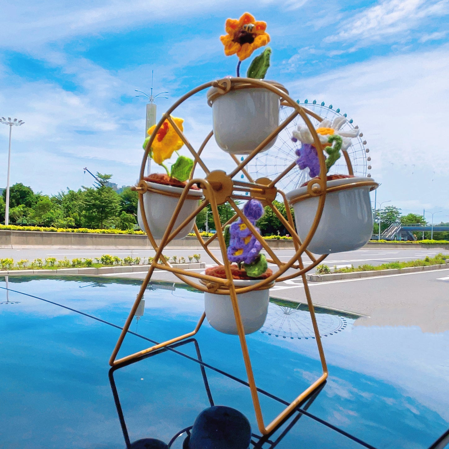 Hand-Crafted Crochet Flower Pot Set with Ferris Wheel, Ceramic Pot, Sunflower, Lavender, Radish, Roman Chamomile, Home Decoration, Deskspace Decor
