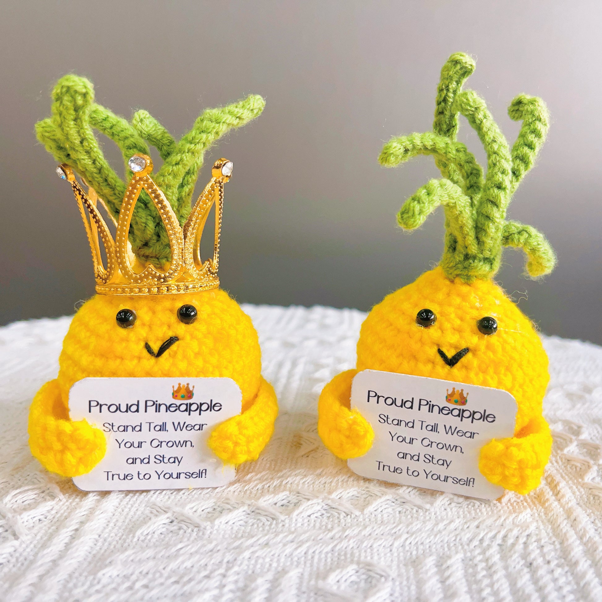 Handcrafted Crochet Proud Pineapple Positive Plushie with Positive Quote (Custom / Personalized Text Available) Tall Crown