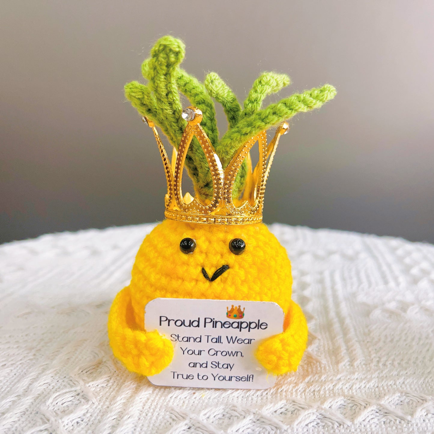 Handcrafted Crochet Proud Pineapple Positive Plushie with Positive Quote (Custom / Personalized Text Available) Tall Crown