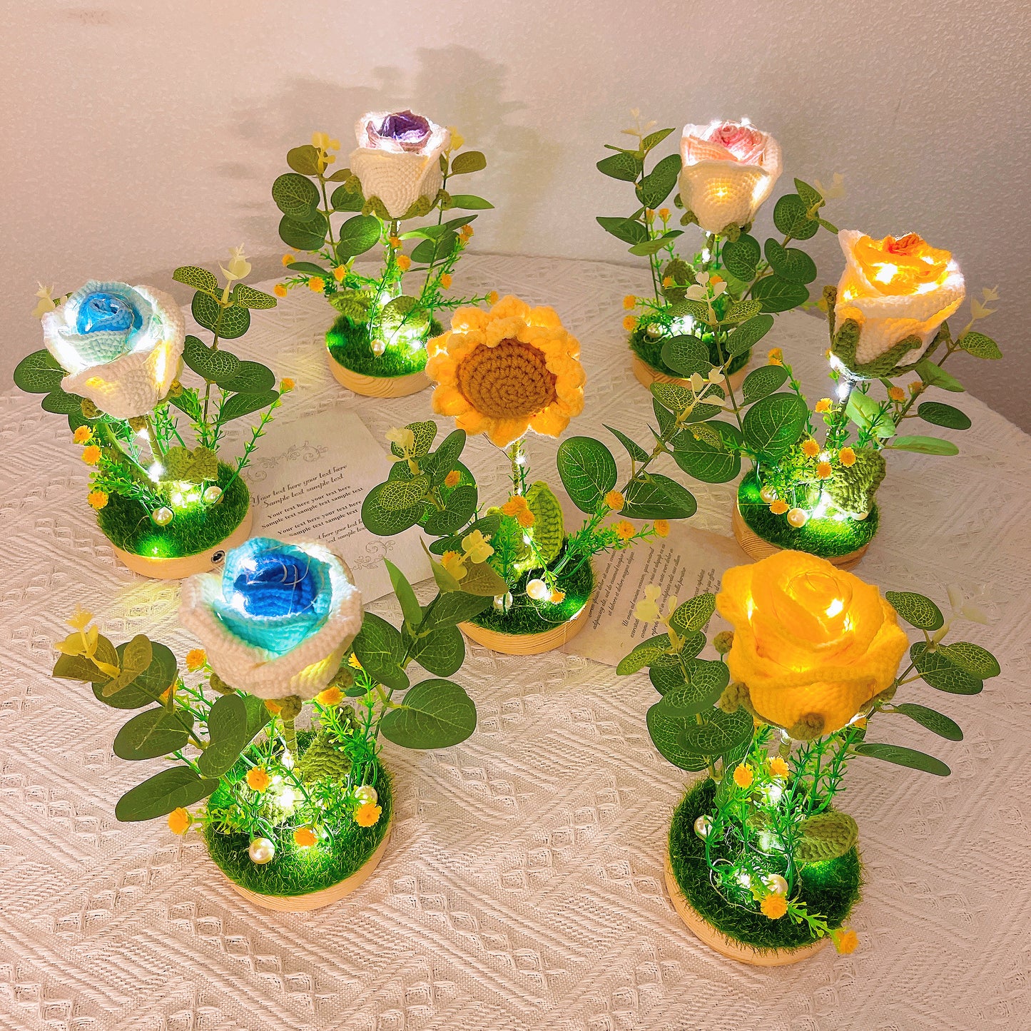 手編み「お花が灯す、温もり」ナイトライト|ひまわり・バラ|癒しのギフト・プレゼント 花粉症対策・アレルギー対応