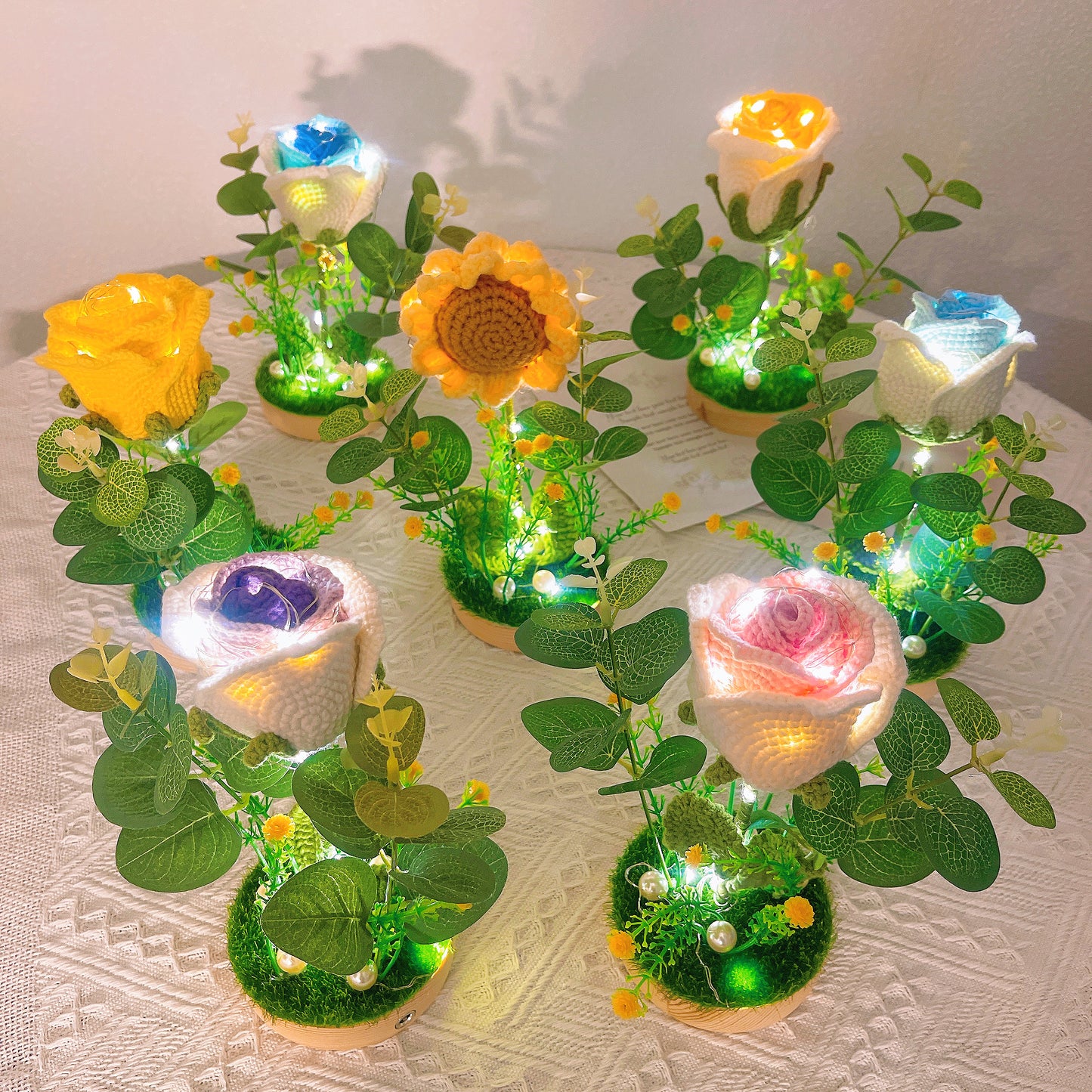 手編み「お花が灯す、温もり」ナイトライト|ひまわり・バラ|癒しのギフト・プレゼント 花粉症対策・アレルギー対応