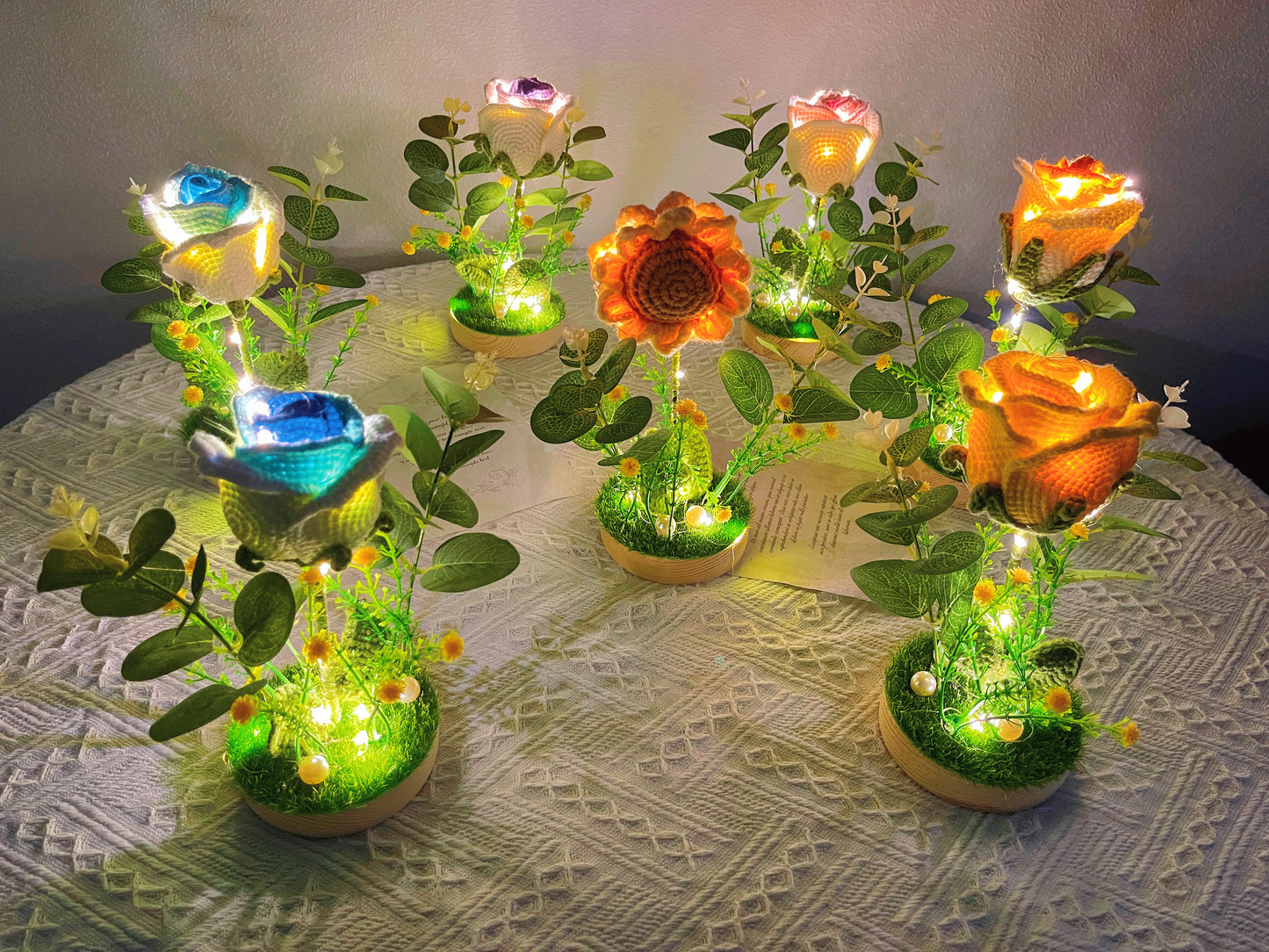 手編み「お花が灯す、温もり」ナイトライト|ひまわり・バラ|癒しのギフト・プレゼント 花粉症対策・アレルギー対応