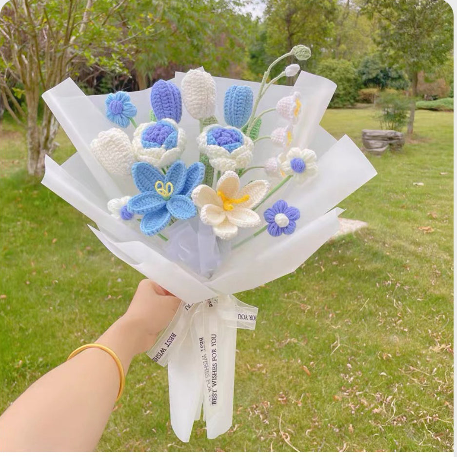 Handmade Crocheted Oceanic Serenity Bouquet - Blue Roses, Larkspur, Tulips & Daisies Bouquet