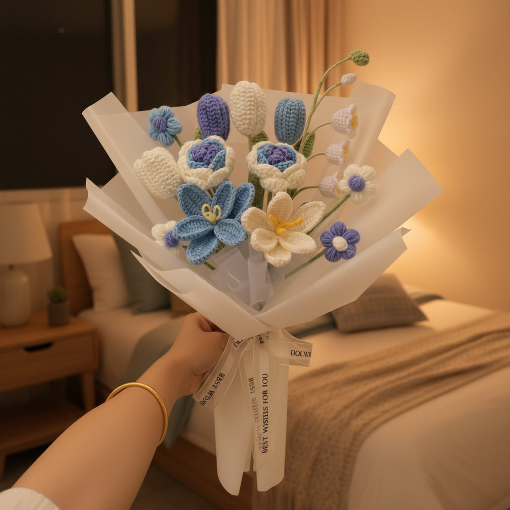 純手工全鉤針混搭花束花卉佈置,畢業禮物、花粉症適用獨特禮物點子、母親節、父親節禮物、探訪告解道歉禮物,**花束嚴格依圖示包裝!