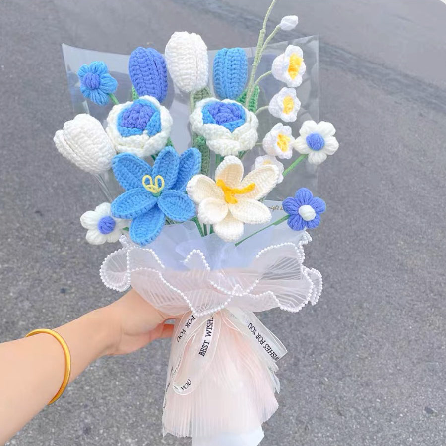 Handmade Crocheted Oceanic Serenity Bouquet - Blue Roses, Larkspur, Tulips & Daisies Bouquet