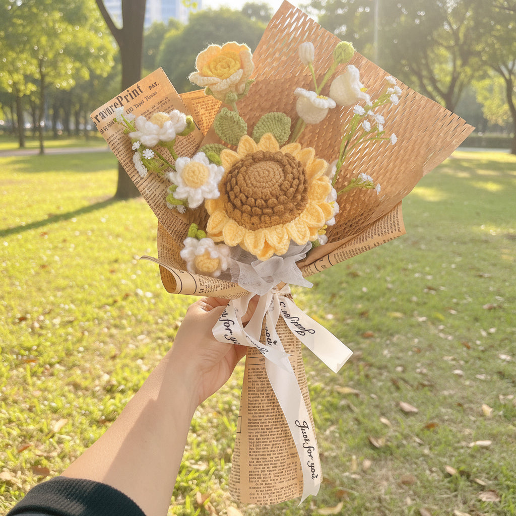 Hand holding a bouquet of knitted flowers with a sunflower design against a park background
