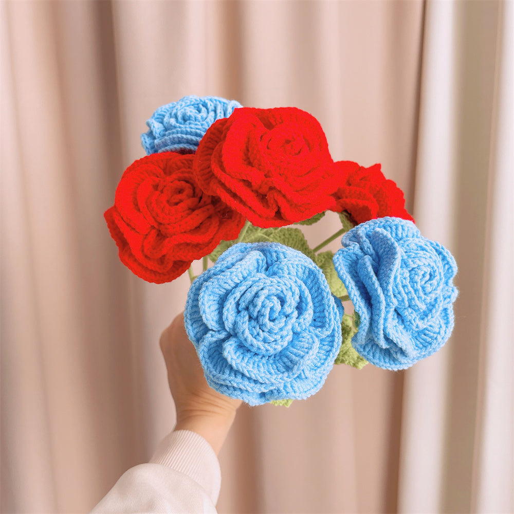 Handmade Crocheted Flat-Layered Raffia Rose Flower Bouquet - Lightweight, Hypoallergenic for Pollen Allergy, Perfect for Weddings, Valentine's Day, Mother's Day