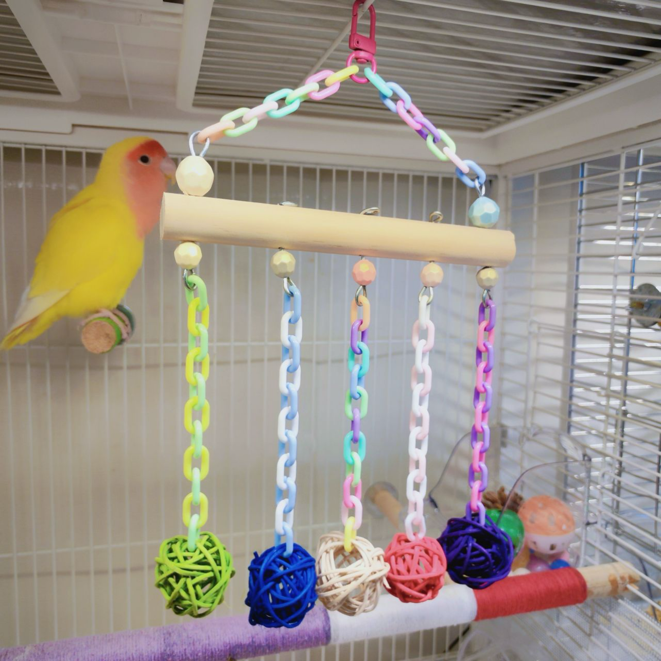 Handcrafted Parrot Chew Toys with Hanging Hook, Standing Rod, and Colorful Chains - Birdcage Decoration and Pet Bird Entertainment Parakeet/Budgie, Cockatiel, Finch, Lovebird, Monk Parakeet, Dove, Parrotlet, Sparrow