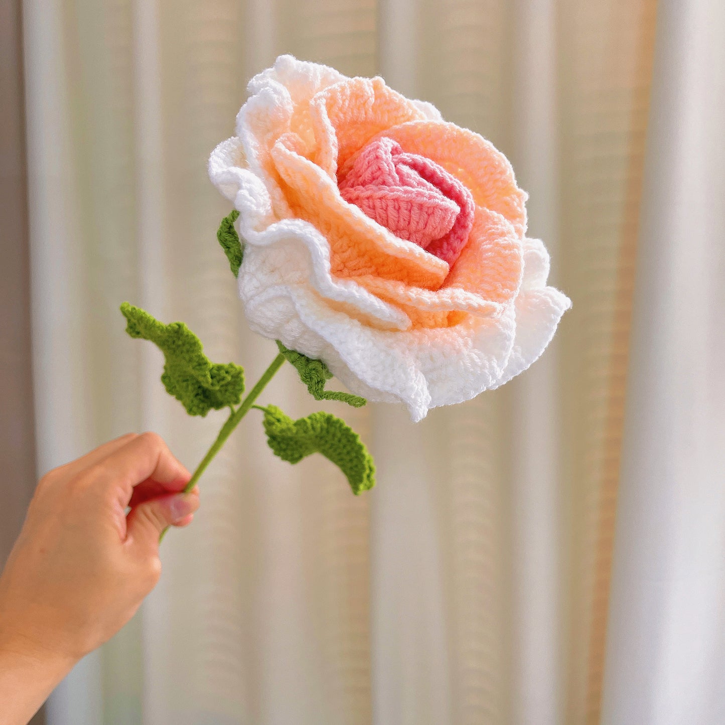 Handcrafted Crochet Bouquet with Large Pink Roses, Forget-Me-Nots, Gerbera Daisies, Olive Foliage - Allergy-Friendly