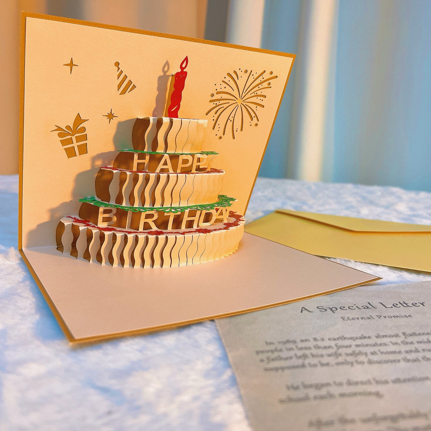 Birthday Cake Greeting Card with Yellow Envelope - 3D Design Unfolds to "HAPPY BIRTHDAY"