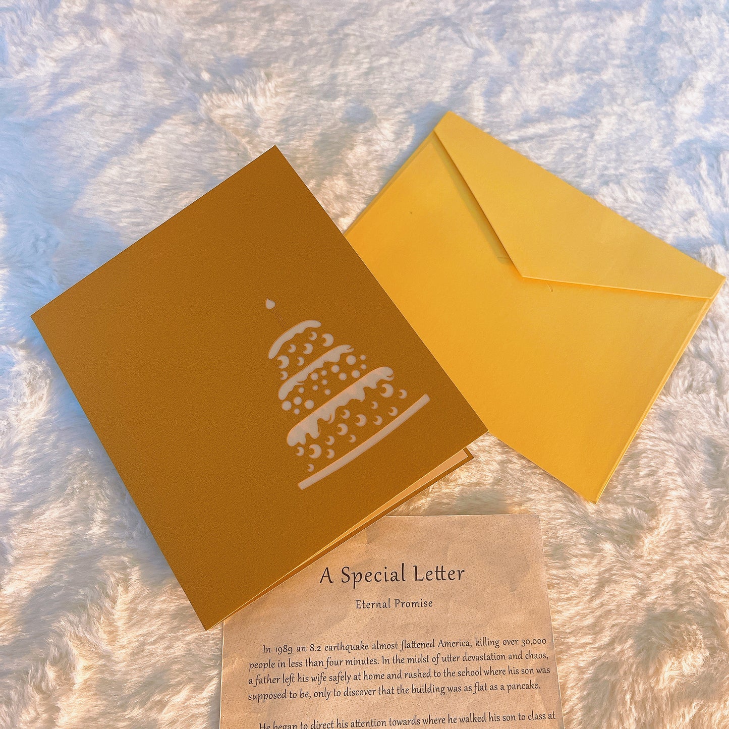 Birthday Cake Greeting Card with Yellow Envelope - 3D Design Unfolds to "HAPPY BIRTHDAY"