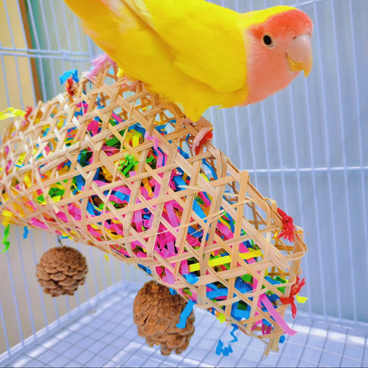 Handcrafted Macaron-Colored Parrot Chew Toy with Hook - Bird Entertainment Tool Featuring Star Chew, Wooden Lattice Tray with Colorful Ribbons, and 2 Chewing Balls for Parakeet/Budgie, Cockatiel, Finch, Lovebird, Monk Parakeet, Dove, Parrotlet, Sparrow