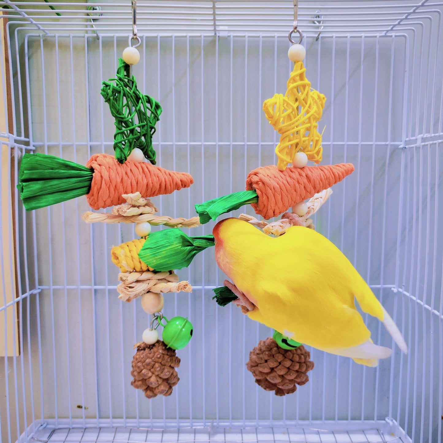 2pcs Handmade Multicolored Parrot Indoor Birds Chew Toy with Hook - Bird Entertainment Tool with Star Chew for Parakeet/Budgie, Cockatiel, Finch, Lovebird, Monk Parakeet, Dove, Parrotlet, Sparrow