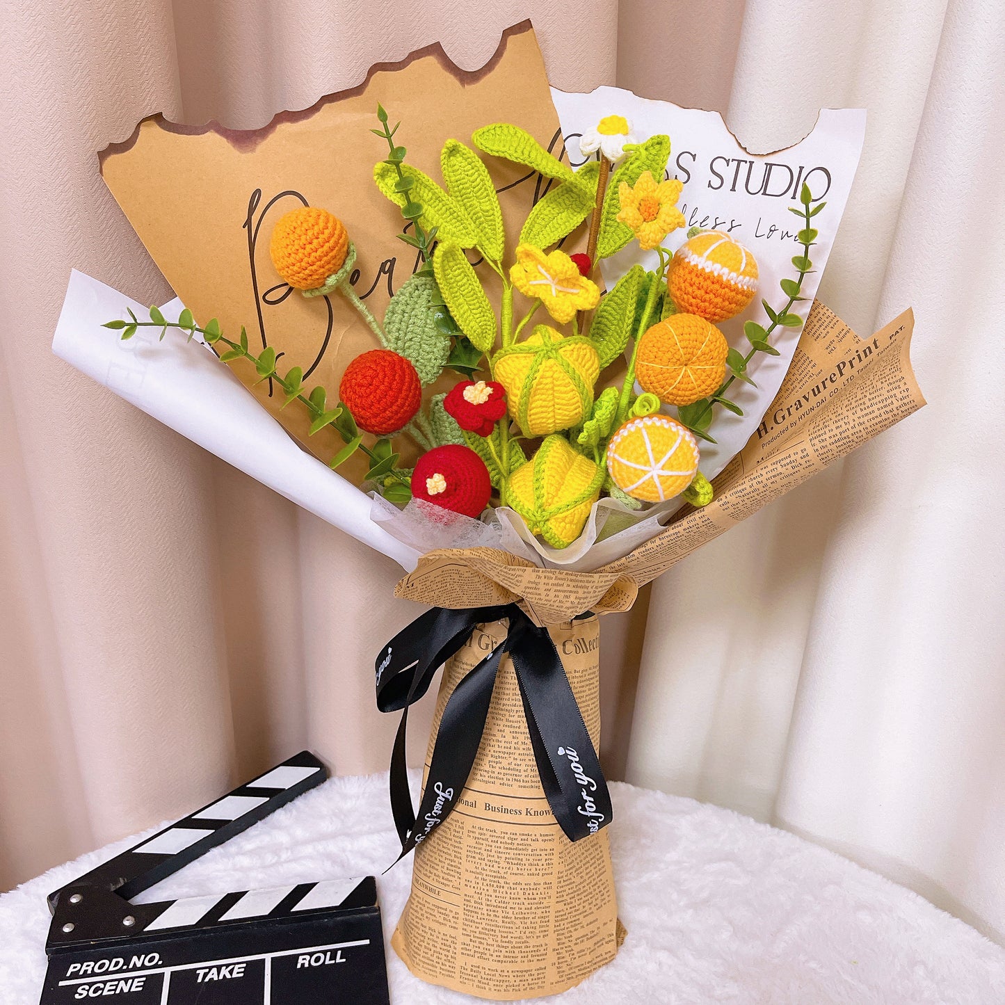 Handcrafted Crocheted Fruit Bouquet with Exquisite Packaging | Vintage-inspired, Fruity Delight