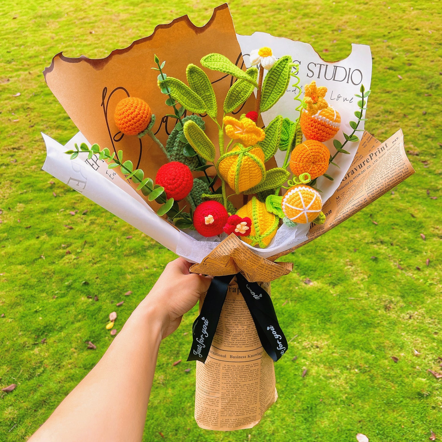 Handcrafted Crocheted Fruit Bouquet with Exquisite Packaging | Vintage-inspired, Fruity Delight