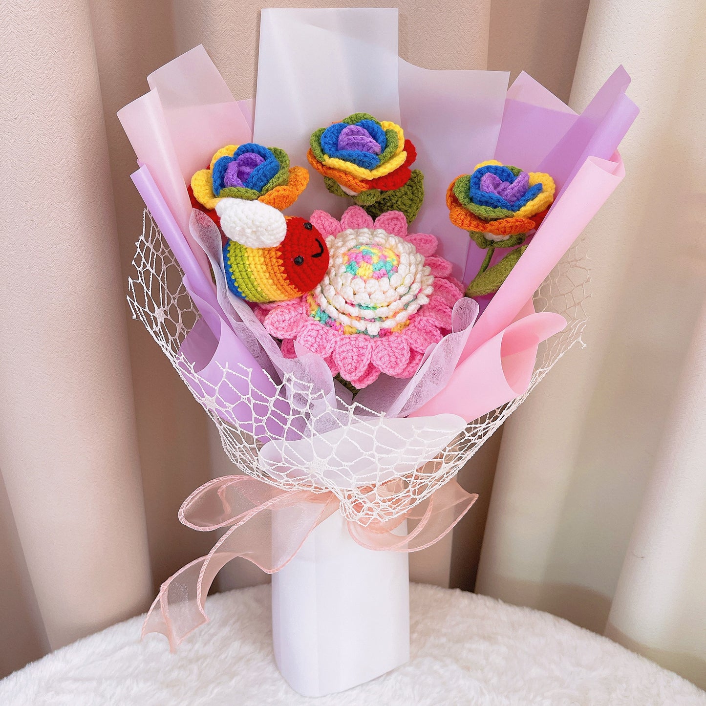 Handcrafted Crochet LGBTQ+ Pride Day Bouquet - Stunning Rainbow Rose, Pink Sunflower, and Colorful Bee