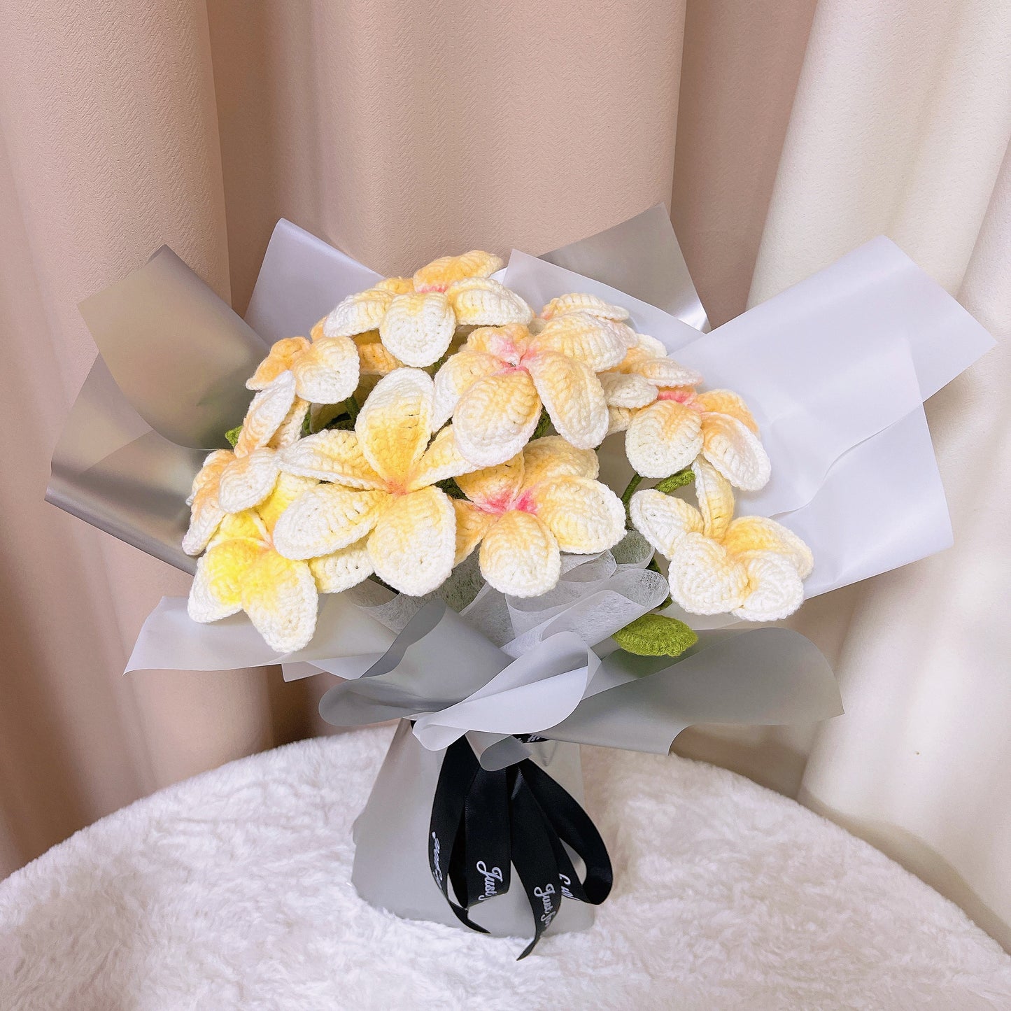 Handcrafted Crochet 12 Frangipani Bouquet with White and Silver Packaging - Yellow Petals with Orange Cores