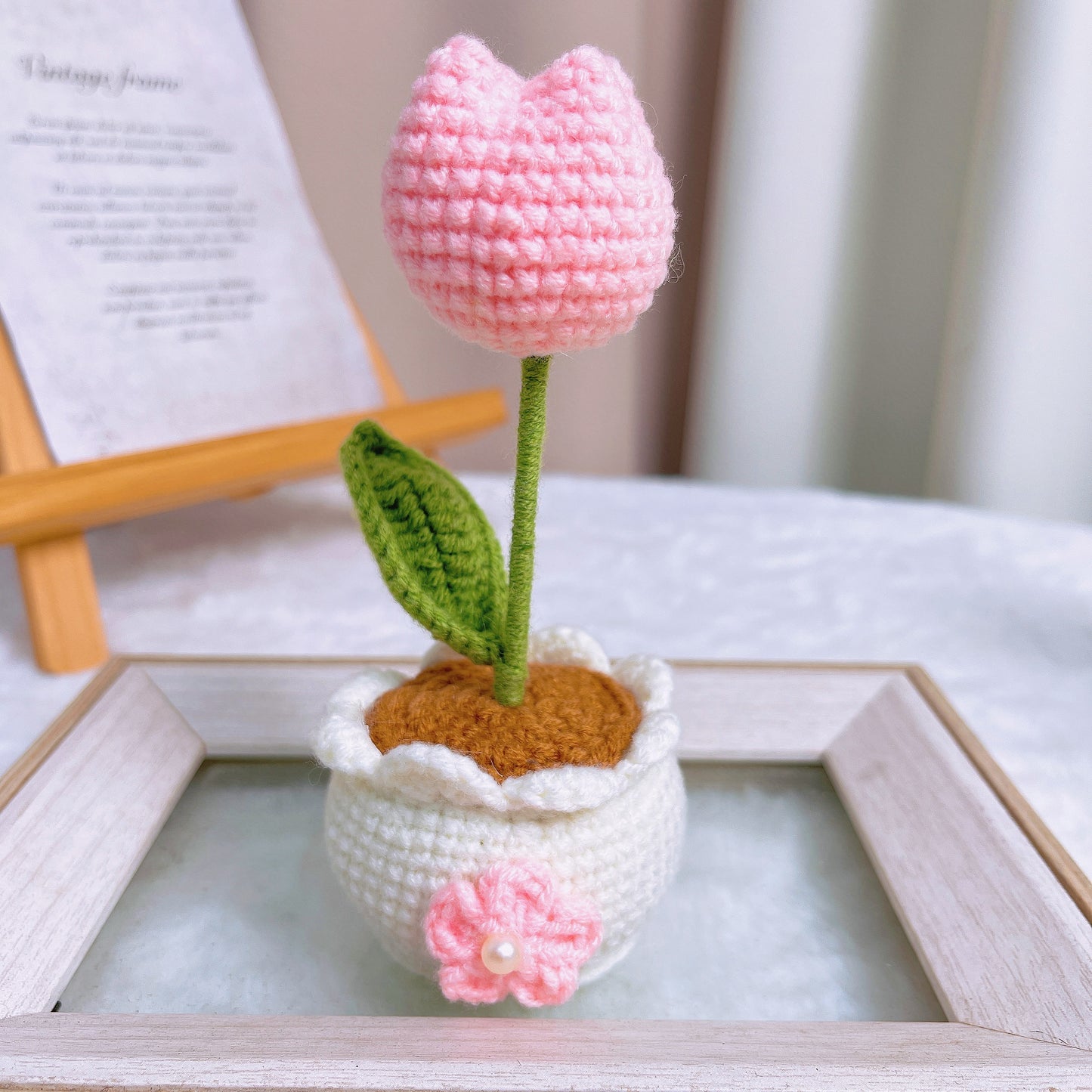 手作りかぎ針編み 「春を待つチューリップ」手編みプランター|選べる5色|ピンク・パープル・イエロー・ブルー・ミント|ホームデコレーション・誕生日・記念日・新築祝いギフトに