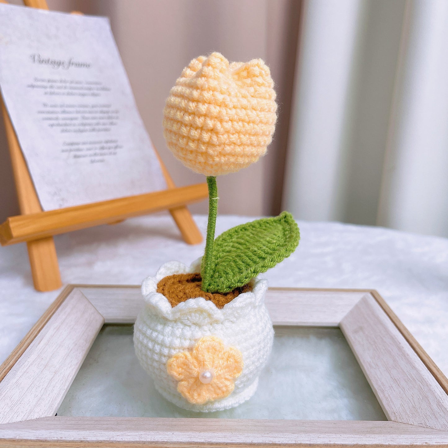 手作りかぎ針編み 「春を待つチューリップ」手編みプランター|選べる5色|ピンク・パープル・イエロー・ブルー・ミント|ホームデコレーション・誕生日・記念日・新築祝いギフトに