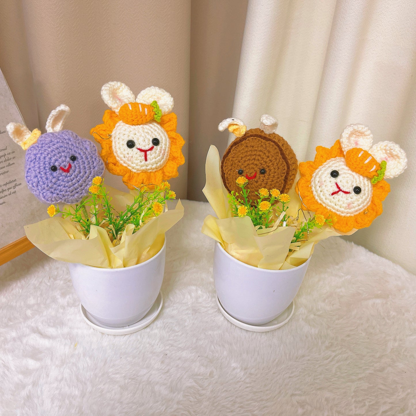 手工鉤織LED燈花盆擺飾 - 向日葵兔/紫棕雙兔造型,家居、庭園裝飾、暖房禮、母親節禮物首選