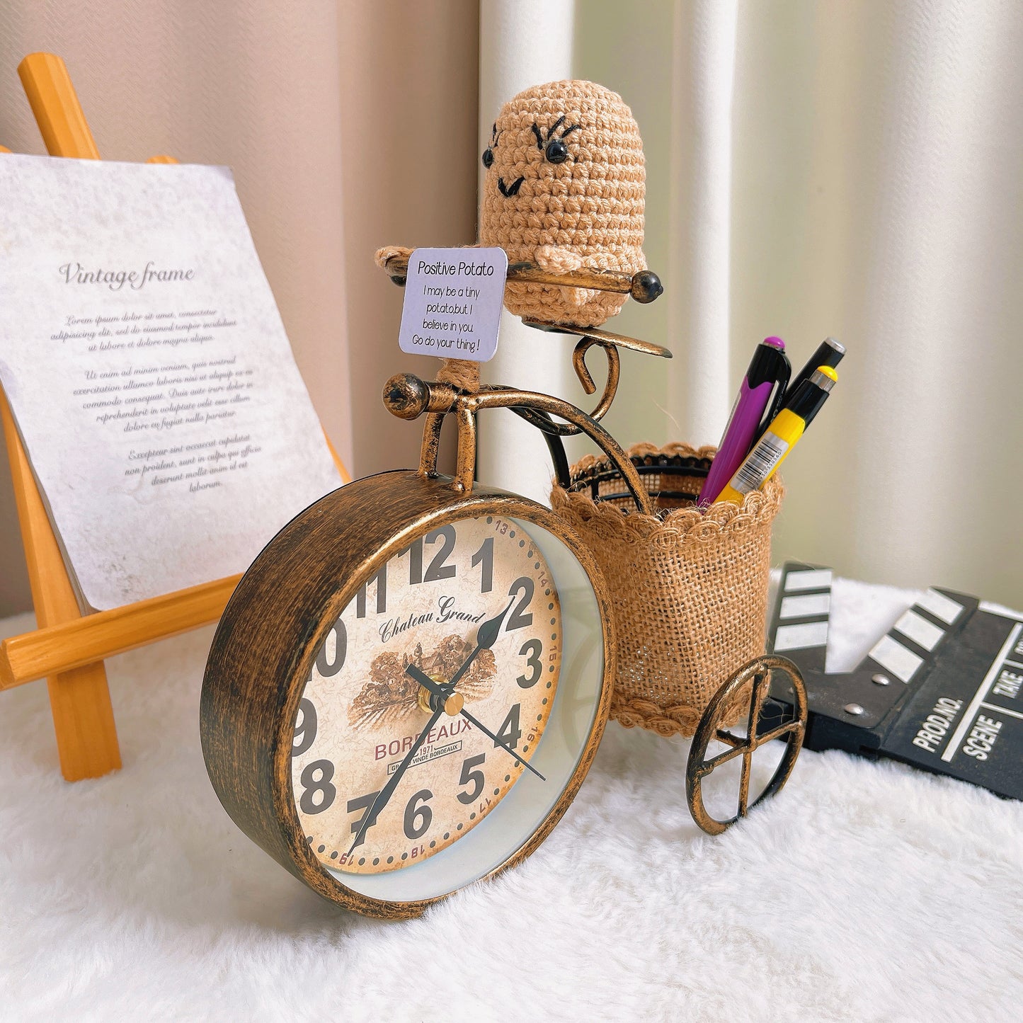 質感復古單車桌飾收納鐘|附可客製化正向馬鈴薯玩偶