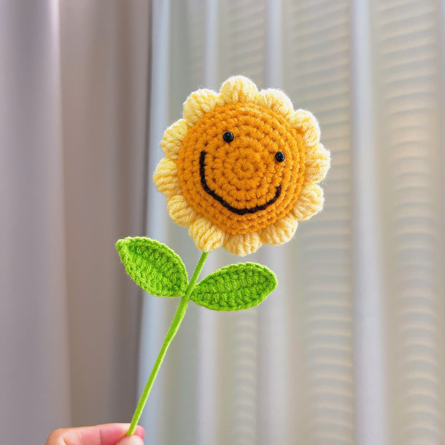 Hand Crochet Smiley Sunflower Stake - Hypoallergenic Artificial Flower Gift for Birthday, Wedding, Home Decor | DIY Handmade Yarn Flower | Allergy-Free Sustainable Home Joy