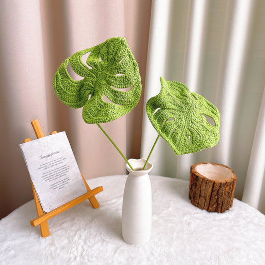 手工鉤針編織 琴葉榕龜背竹造型綠竹枝 - 生動翠綠葉叢