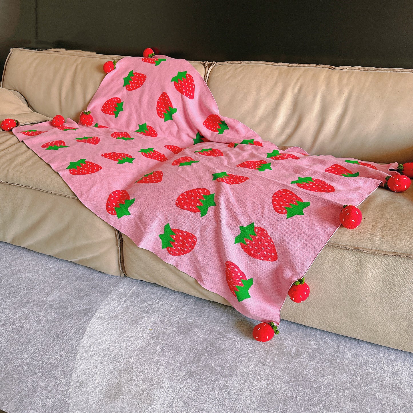 手工草莓圖案羊毛毯/毛毯-柔軟、厚實、多功能,適合床上、野餐或戶外使用