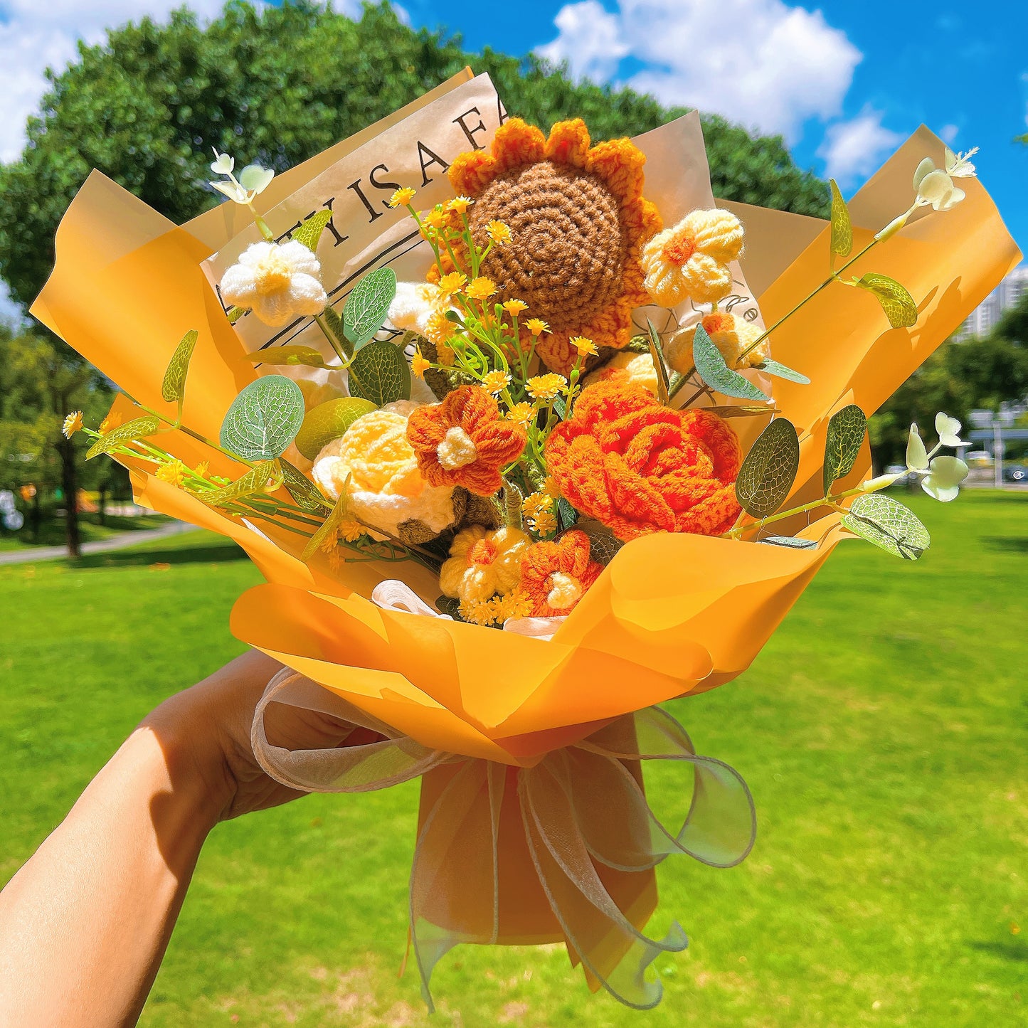 Handmade Crocheted Sunny Delight Bouquet of Roses, Sunflowers, and Puffs - Gorgeous Golden and Orange Hues