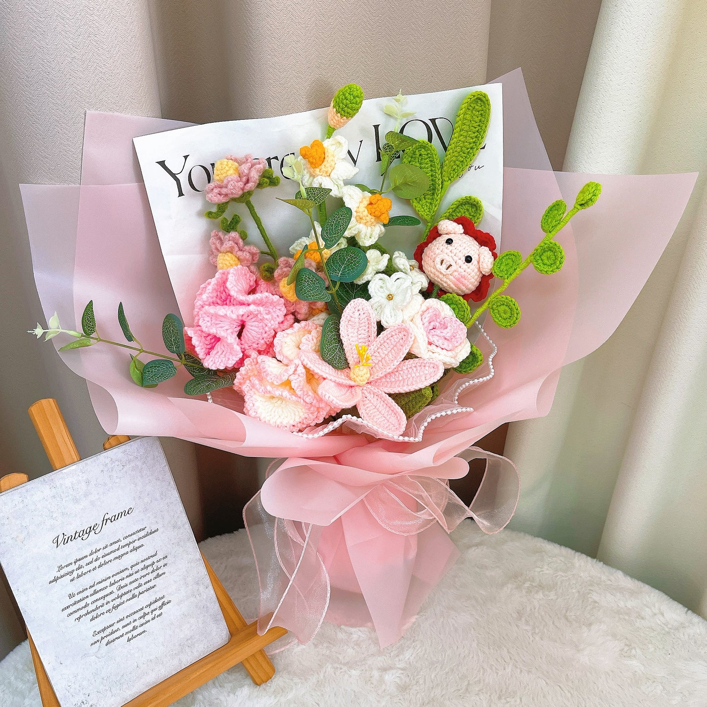 Handmade Crocheted Cute Piggy Bouquet: Rose, Tulip, Daffodil, Carnation, Greenery and More