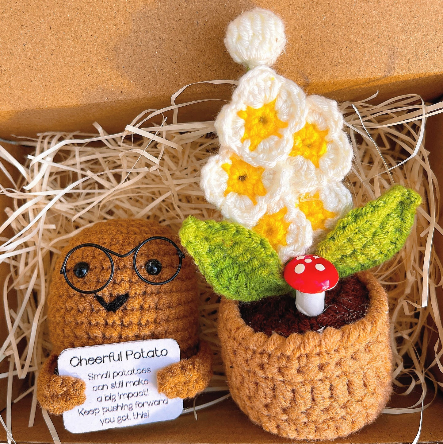 手工製作的歡樂馬鈴薯桌面公仔(附客製化卡片),搭配迷你園藝盆栽植物——完美適用於家居裝飾、禮物贈送、激勵人心及特殊場合