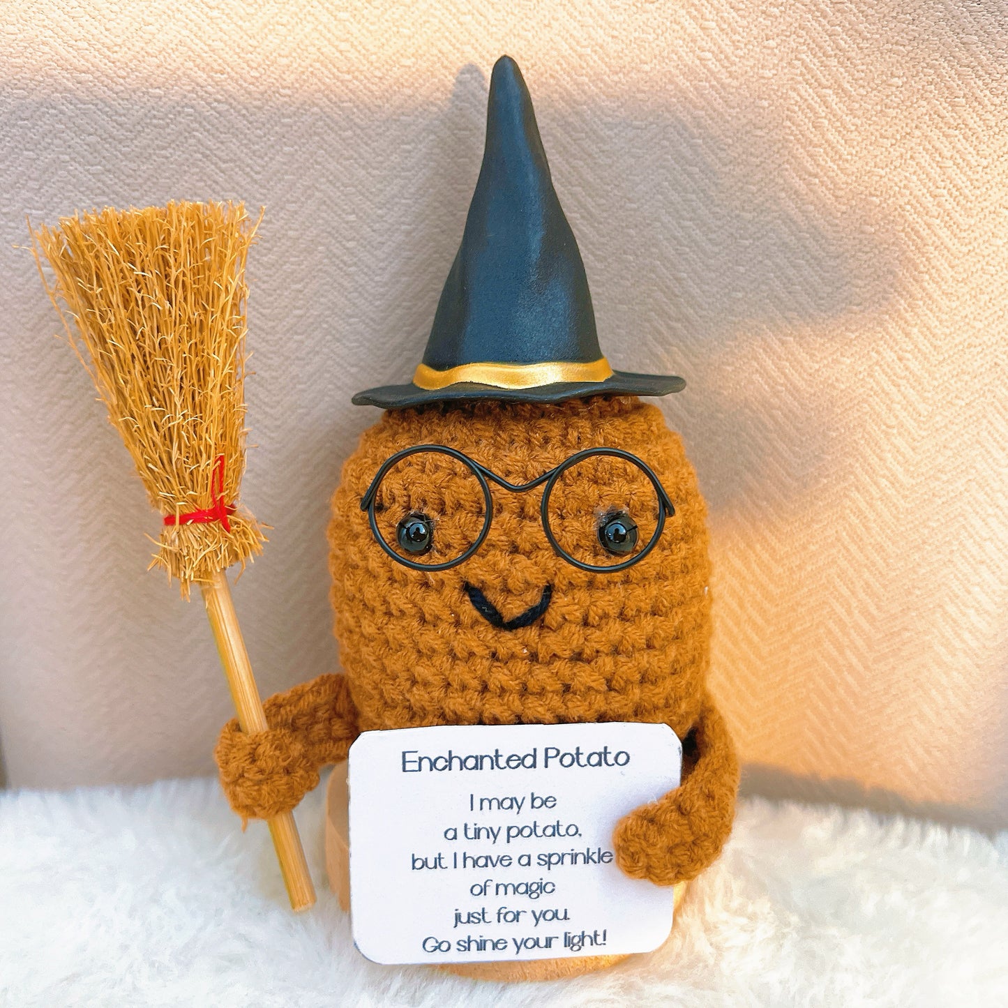Handmade Crochet Enchanted Harry Potato Plushie with Customizable Card - Halloween Magical Sorcery Spell Witch Good Luck Celebrations