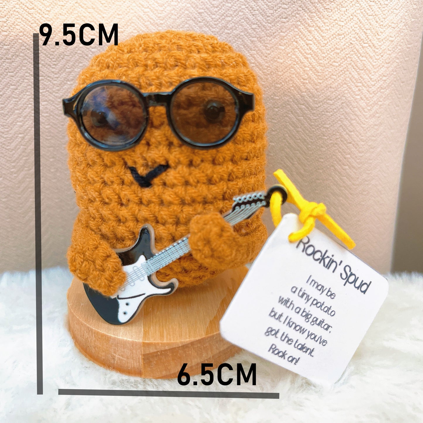 Handmade Crochet Rockin' Spud Plushie - Potato Decor with Positive Customizable Card, Sunglasses & Guitar Hero, Perfect Gift for Rock & Roll Music Lovers & Home Decor