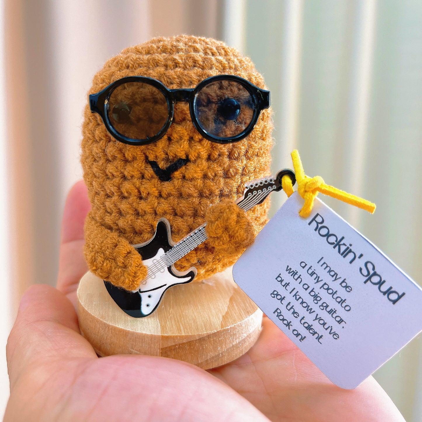 Handmade Crochet Rockin' Spud Plushie - Potato Decor with Positive Customizable Card, Sunglasses & Guitar Hero, Perfect Gift for Rock & Roll Music Lovers & Home Decor