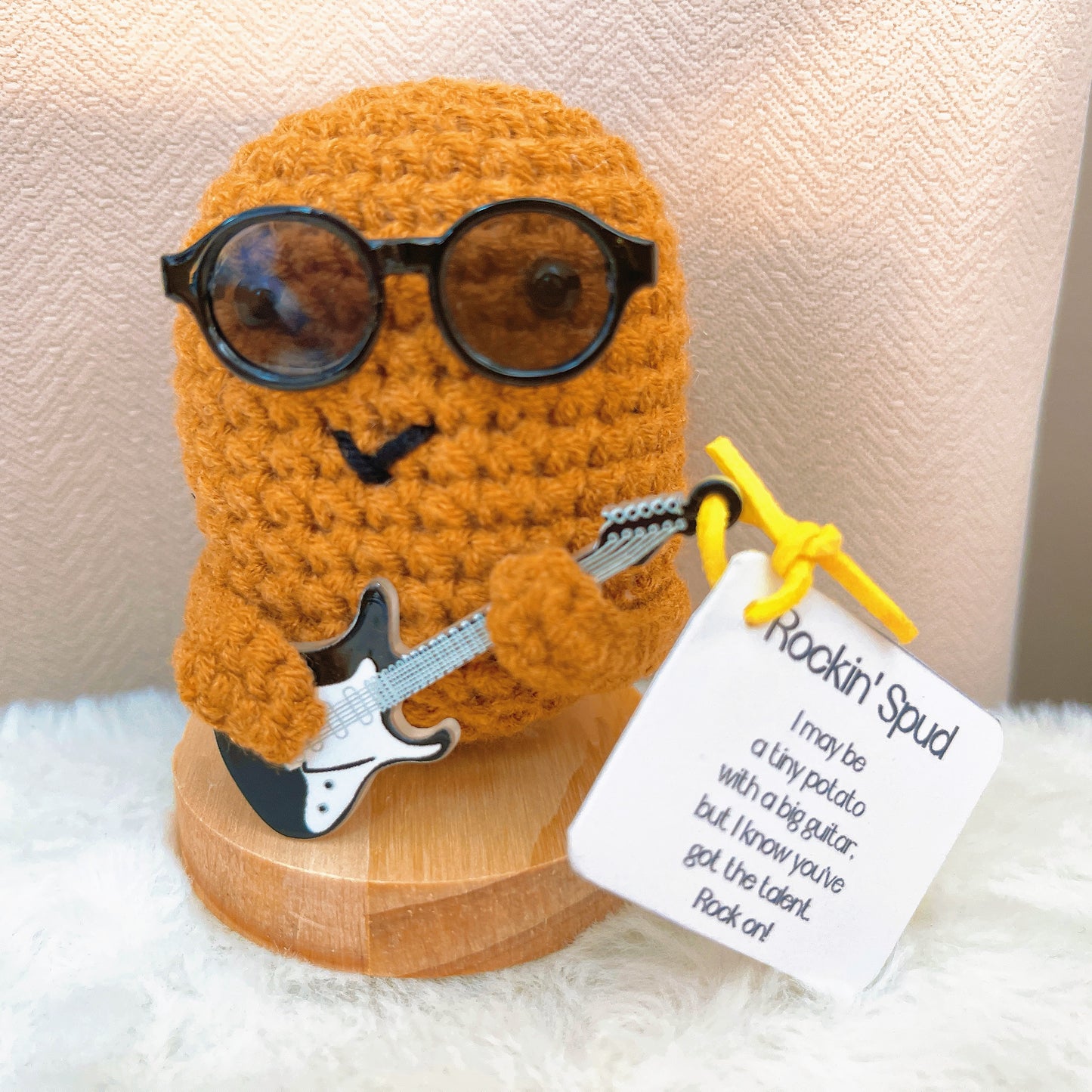 Handmade Crochet Rockin' Spud Plushie - Potato Decor with Positive Customizable Card, Sunglasses & Guitar Hero, Perfect Gift for Rock & Roll Music Lovers & Home Decor