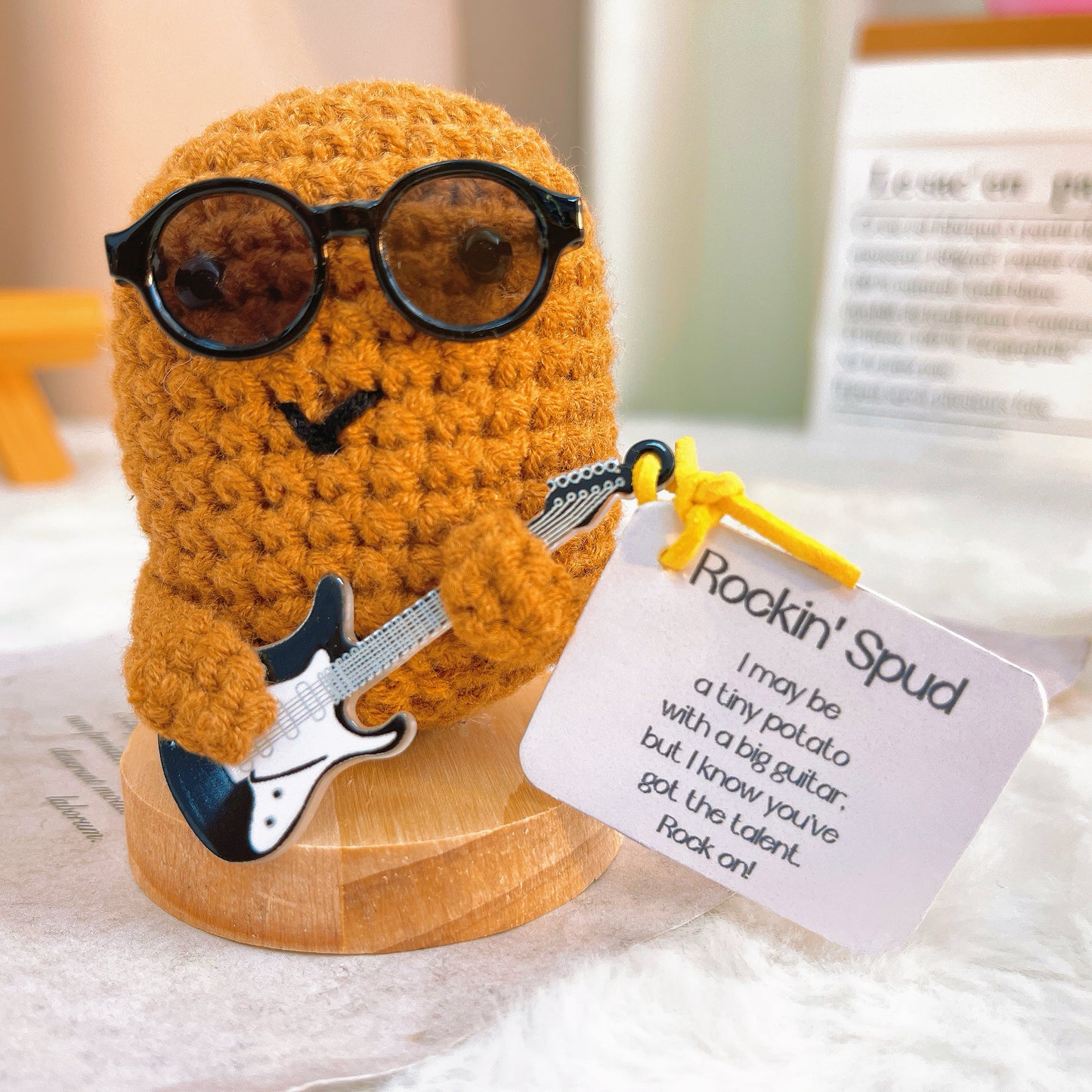 Handmade Crochet Rockin' Spud Plushie - Potato Decor with Positive Customizable Card, Sunglasses & Guitar Hero, Perfect Gift for Rock & Roll Music Lovers & Home Decor