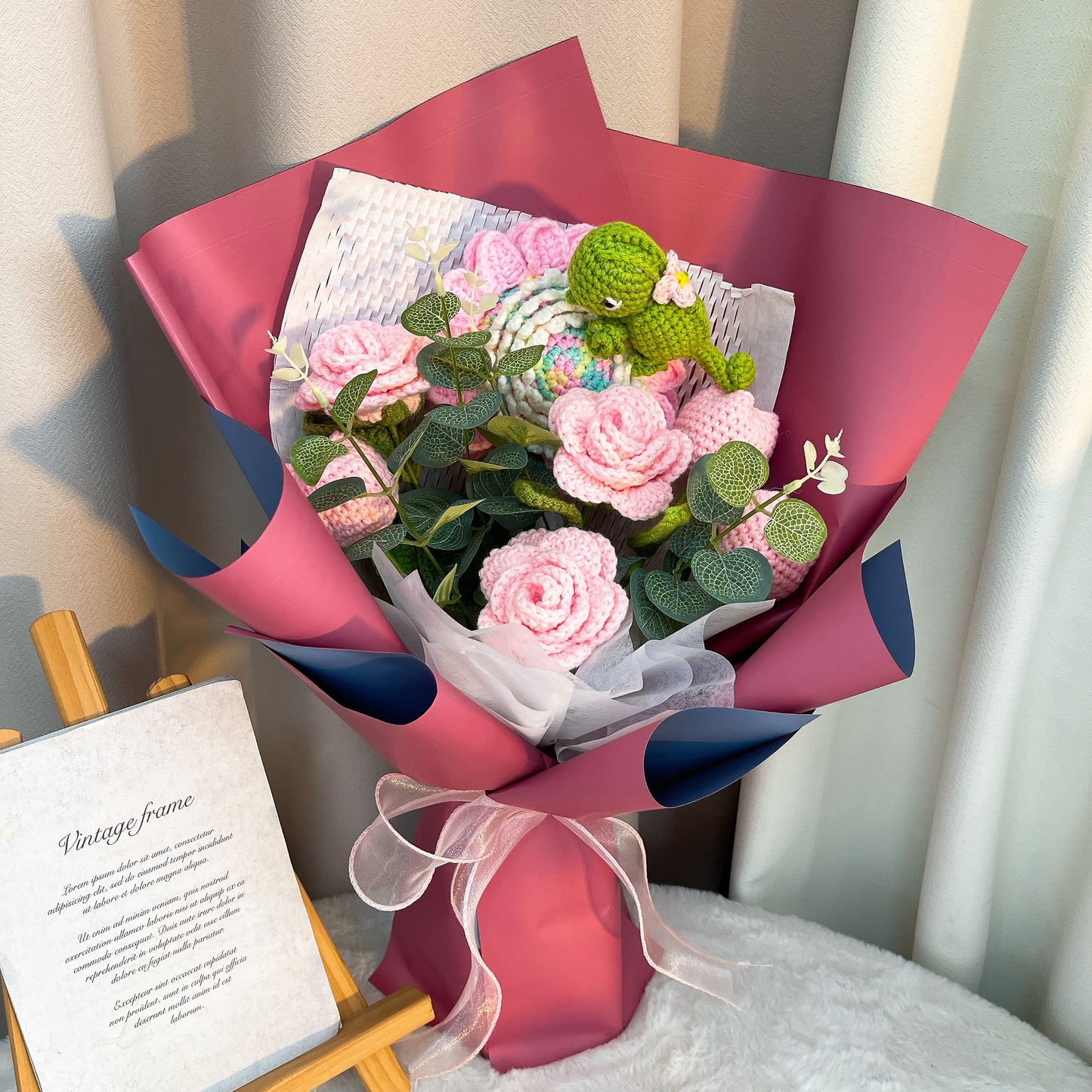 手編み 手作りかぎ針編み 花束 上品ピンク&バーガンディーブーケ|ひまわり・バラ・チューリップ|贈り物・インテリア・開店祝い・新生活応援・記念日に 花粉症対策・アレルギー対応