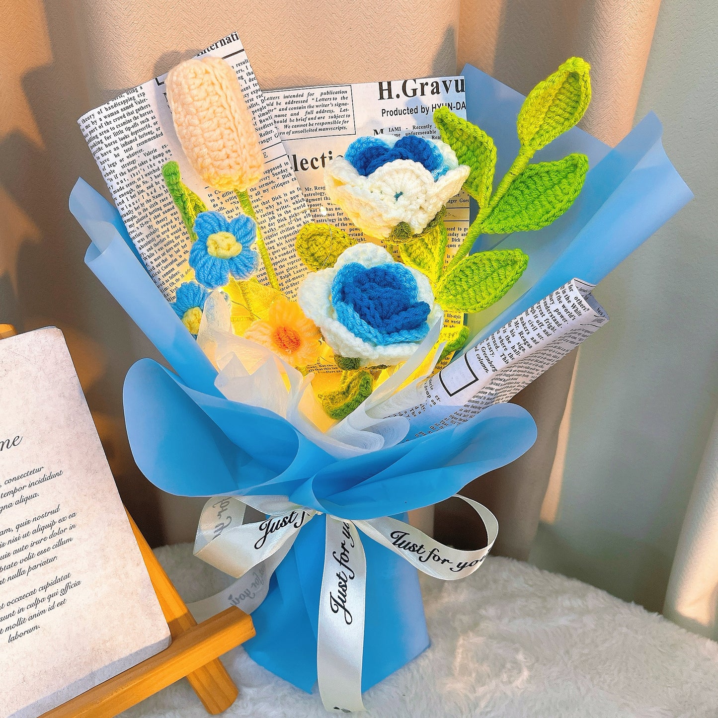 Handmade Crocheted Bouquet of Blue Roses, Lilies, Pompoms, and Greenery