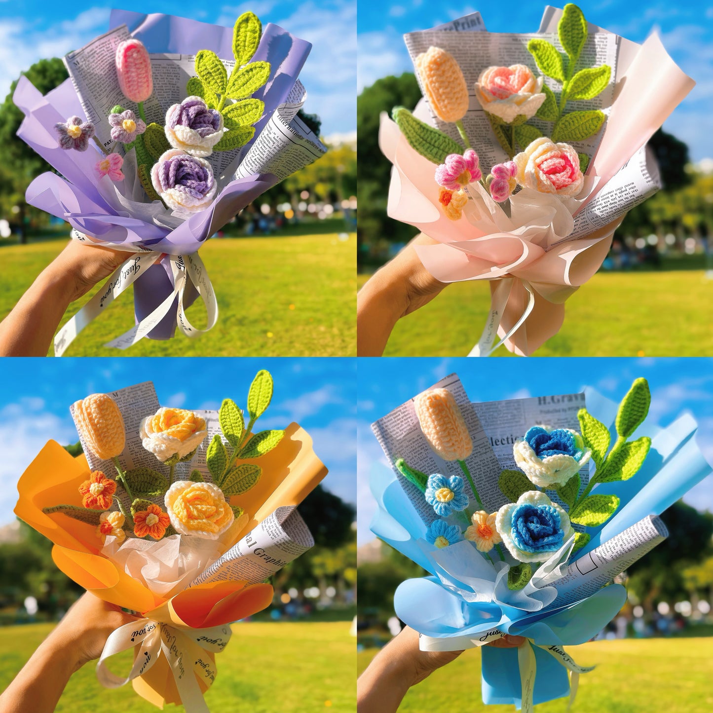 Handmade Crocheted Bouquet of Blue Roses, Lilies, Pompoms, and Greenery