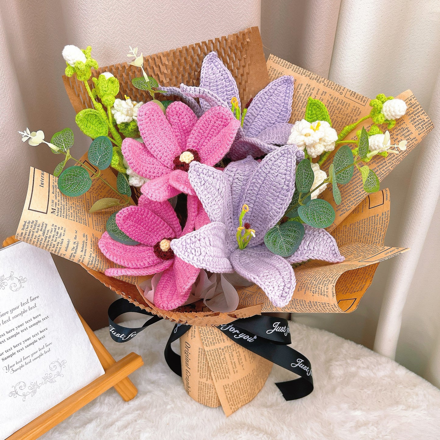 復古風手工鉤織典雅化身花束,融合茉莉、木蘭、百合