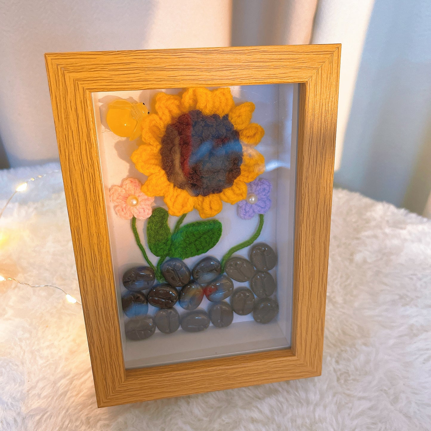 Handmade Crochet Flower Frame with Faux Coffee Beans - 6-inch Photo Frame - Featuring Sunflowers, Daisies, and a Glowing Firefly - Unique Gift for Home Décor, Birthdays, Weddings, and More