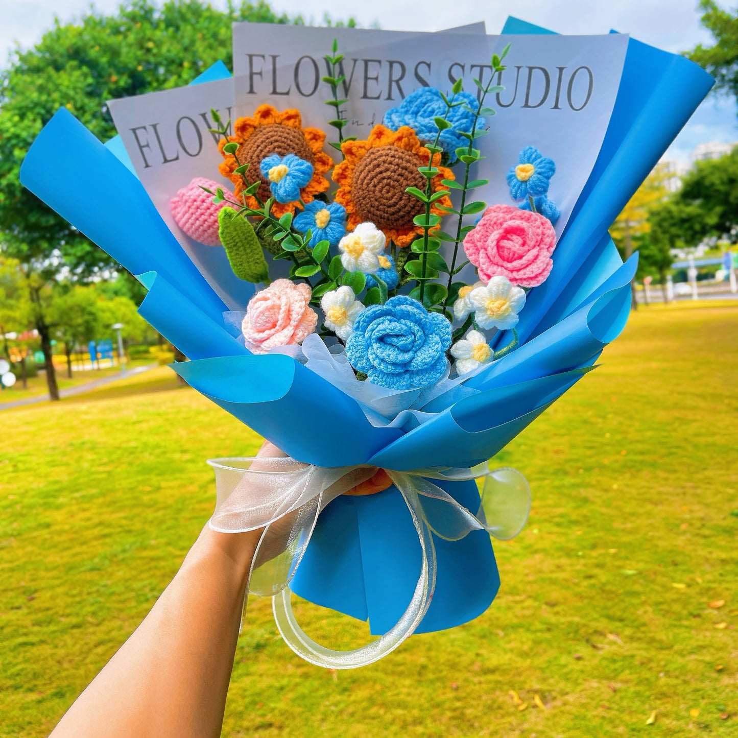 Elegant Blue Handmade Crocheted Bouquet: Sunflowers, Tulips, Puffs, and Roses
