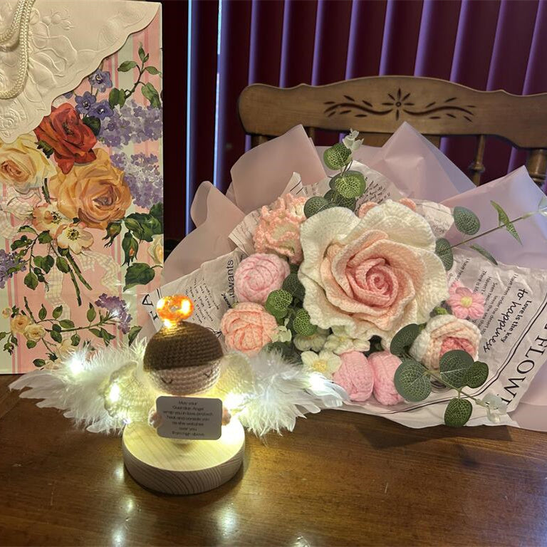 綻放華彩:手工鉤針編織粉色系列花束——以毛線與優雅織就奢華織錦,打造難忘情人節時光——玫瑰、鬱金香、圓球花、康乃馨